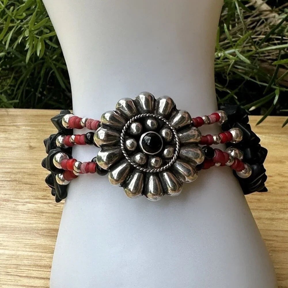 VTG‎ Flower Sterling Silver Bracelet Buffalo Nickel Clasp Black Onyx Red Beads